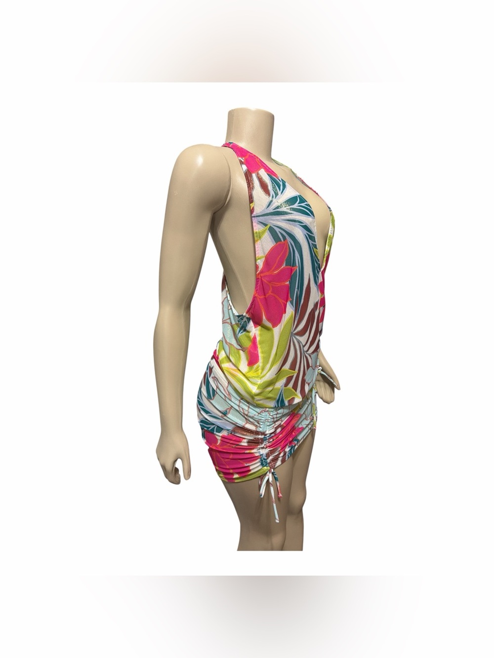 NWT Vince Camuto Swim Size M Racer Back Cover Up Dress Ruched Side Floral Palm - Picture 4 of 13